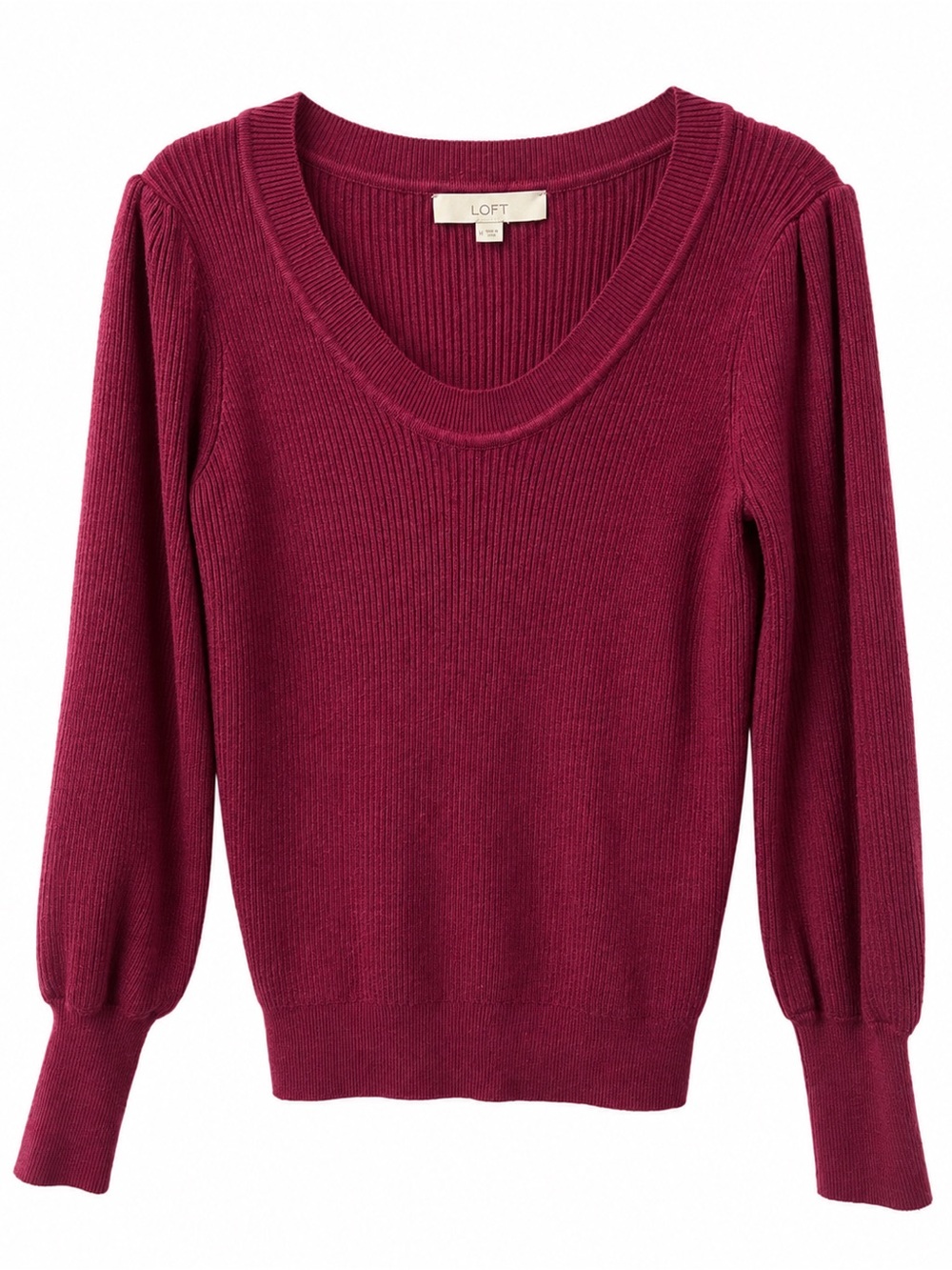 LOFT Ribbed Puff Sleeve Sweater | Burgundy | Medium